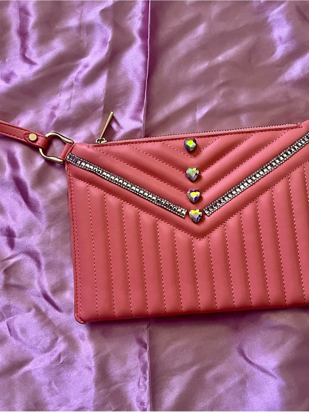 Coral Quilted Wristlet Clutch with Heart Accents
